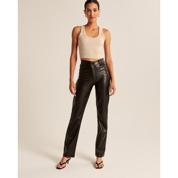 Abercrombie & Fitch Criss Cross Black Leather The 90s Straight Leg Pants Size 16 - Picture 1 of 13